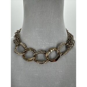 Chunky Chain Choker Collar Necklace Gold Tone 18" Shiny Faux Diamond Statement